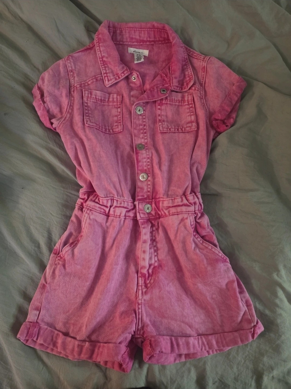 Olivia Sky Fuchsia Short-Sleeve Denim Romper